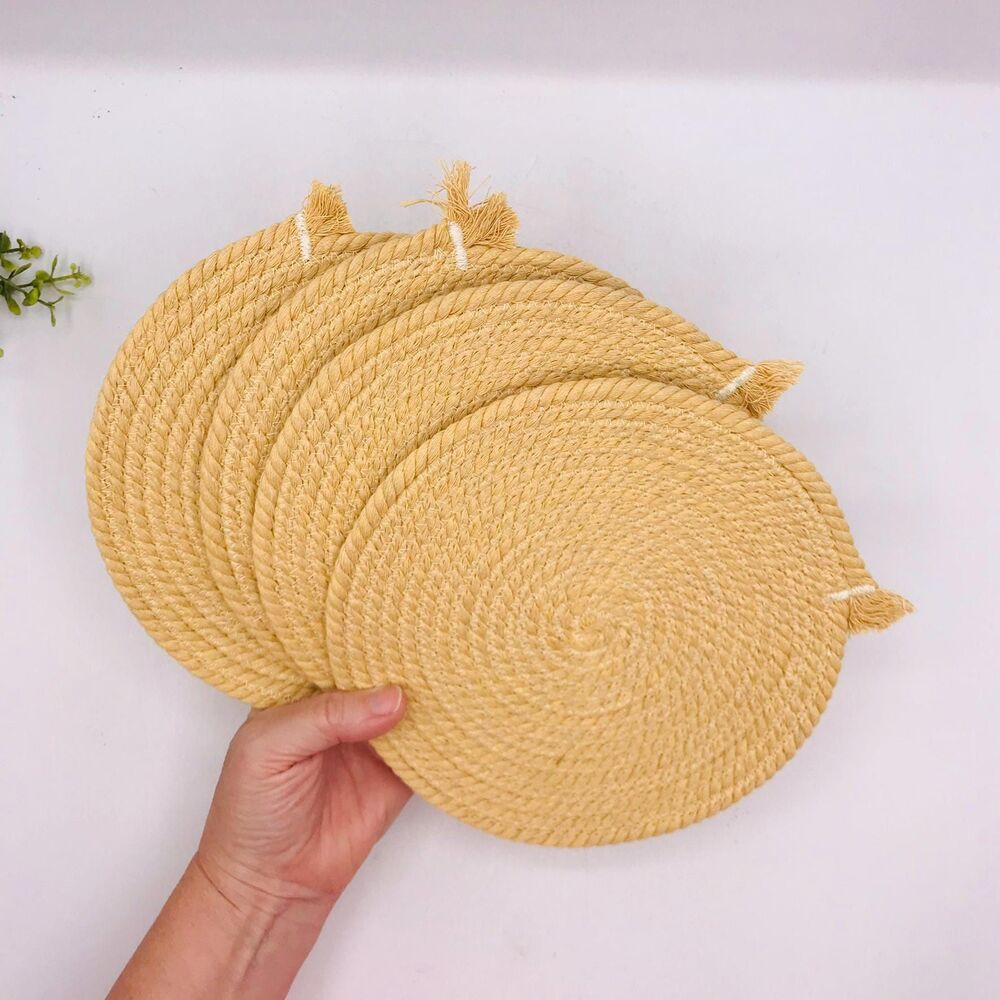 Tan Fringe End Rope Trivet Hotpad Boho  Cotton Cottage Core 8x8